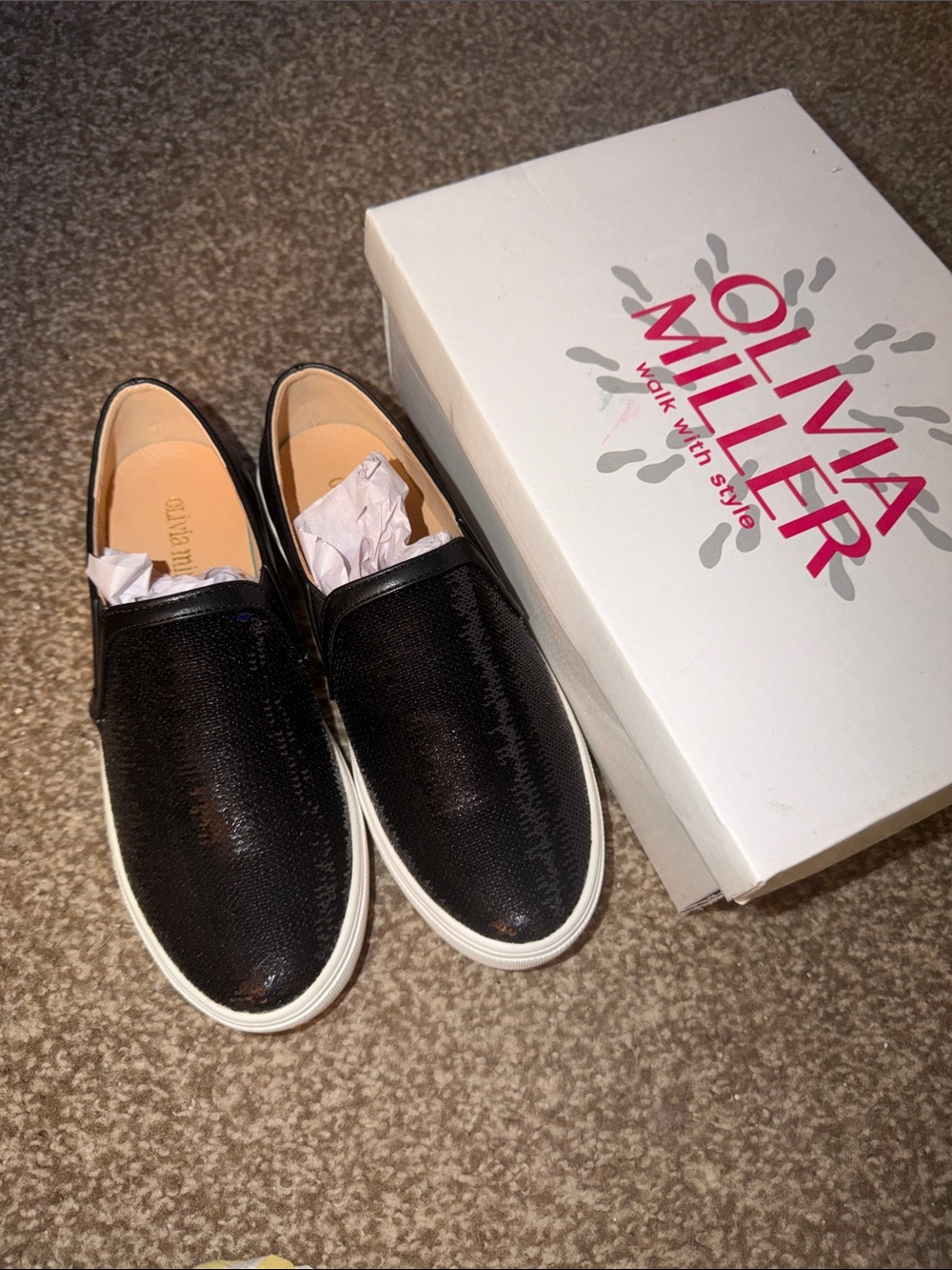 Olivia Miller Black Slip-On Kids Sneakers with White Sole